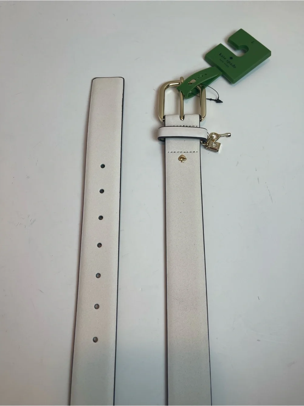 NWT Kate Spade New York Genuine Leather Belt with Lock and Key Charm Sz L Cream
